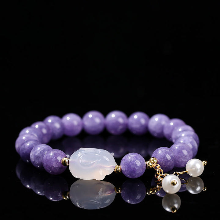 Pulsera de cuentas curativas de conejo de calcedonia y aguamarina morada natural de Buddha Stones