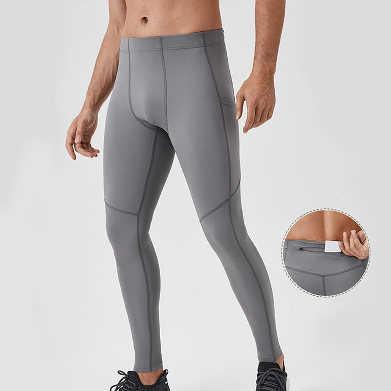 Leggings deportivos transpirables elásticos de cintura alta de color sólido con Buddha Stones para hombre con bolsillo trasero con cremallera - Gris claro - US/UK/AU44, EU54 (2XL) - image 0