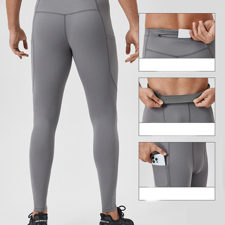 Leggings deportivos transpirables elásticos de cintura alta de color sólido con Buddha Stones para hombre con bolsillo trasero con cremallera