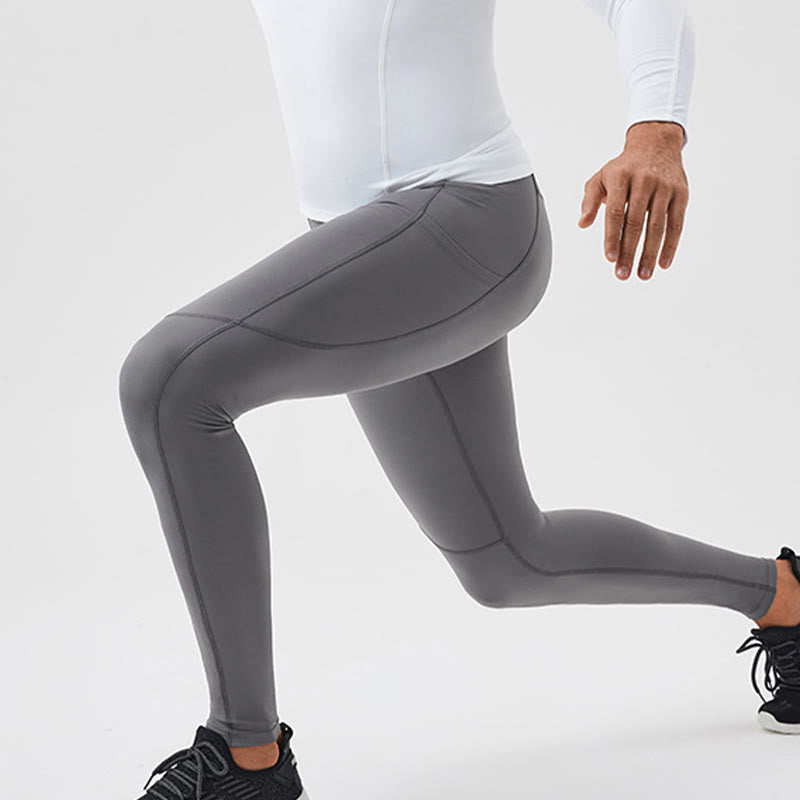 Leggings deportivos transpirables elásticos de cintura alta de color sólido con Buddha Stones para hombre con bolsillo trasero con cremallera