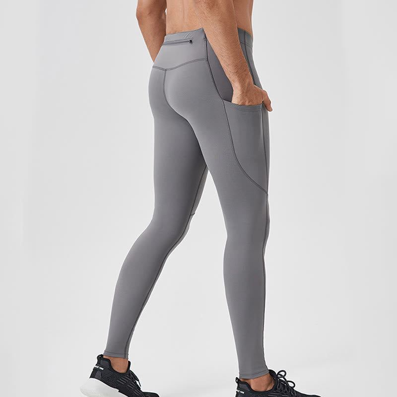 Leggings deportivos transpirables elásticos de cintura alta de color sólido con Buddha Stones para hombre con bolsillo trasero con cremallera