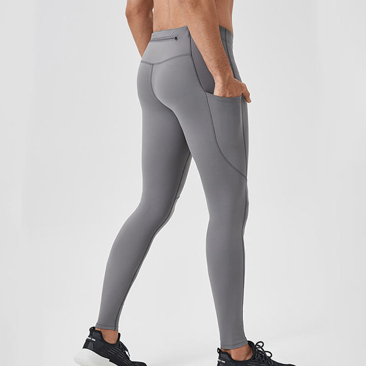Leggings deportivos transpirables elásticos de cintura alta de color sólido con Buddha Stones para hombre con bolsillo trasero con cremallera