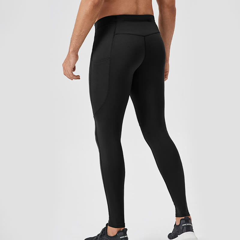 Leggings deportivos transpirables elásticos de cintura alta de color sólido con Buddha Stones para hombre con bolsillo trasero con cremallera