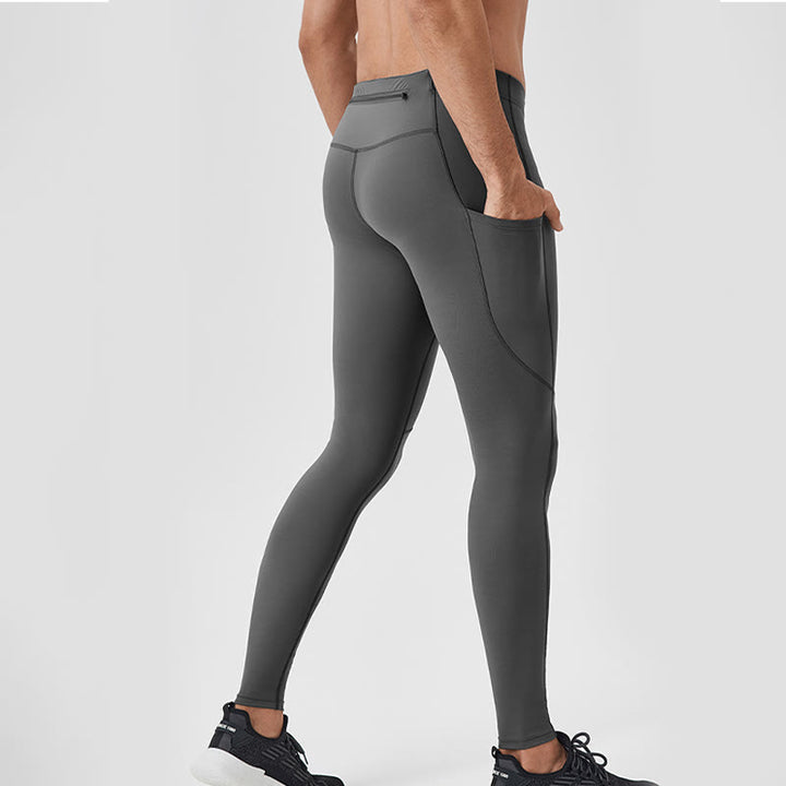 Leggings deportivos transpirables elásticos de cintura alta de color sólido con Buddha Stones para hombre con bolsillo trasero con cremallera