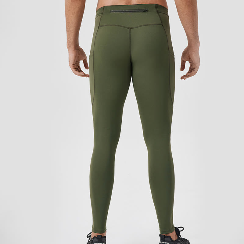 Leggings deportivos transpirables elásticos de cintura alta de color sólido con Buddha Stones para hombre con bolsillo trasero con cremallera