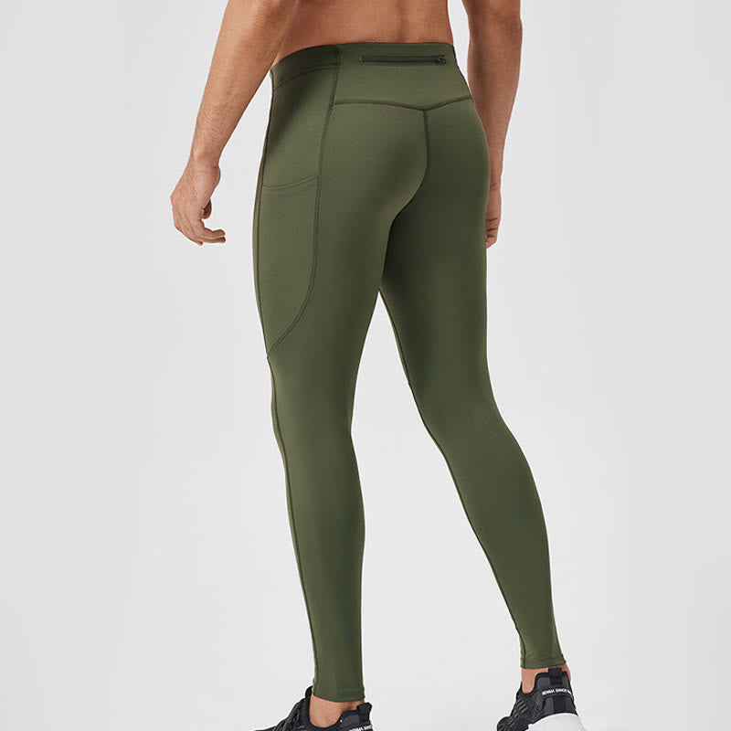 Leggings deportivos transpirables elásticos de cintura alta de color sólido con Buddha Stones para hombre con bolsillo trasero con cremallera