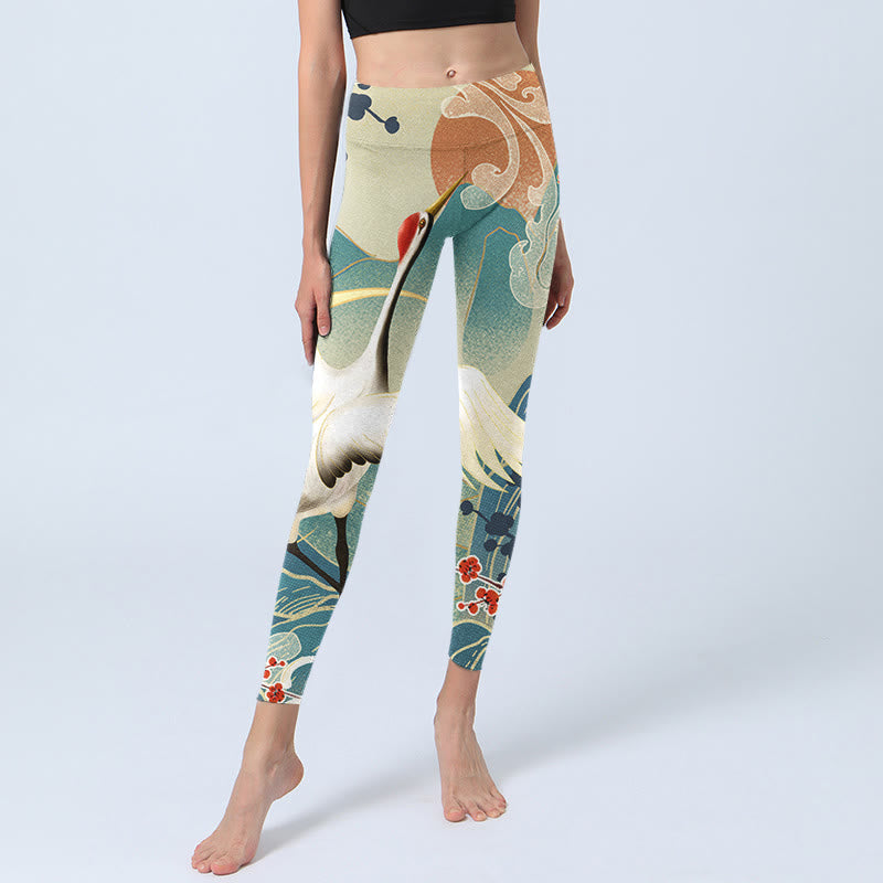 Leggings de yoga para mujer con estampado de Buddha Stones, grullas, flores de ciruelo y montañas - image 5