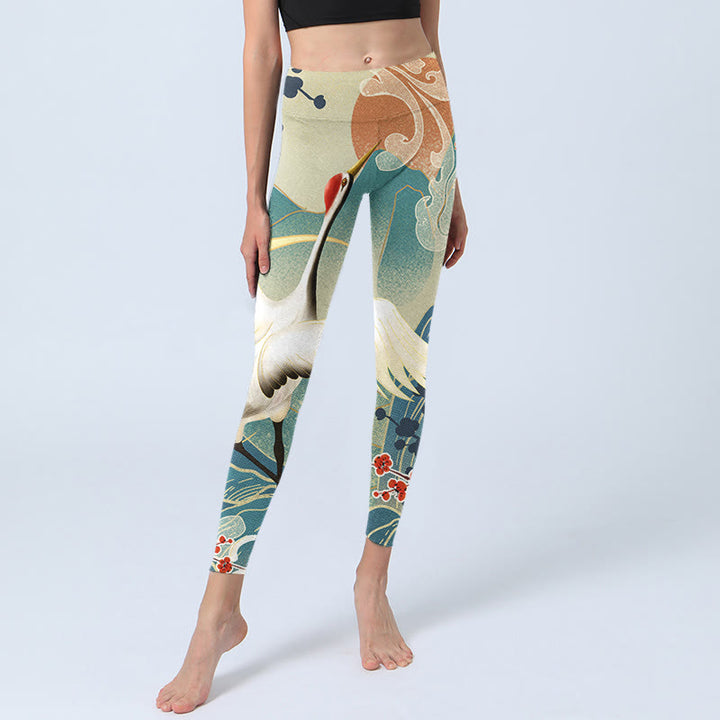 Leggings de yoga para mujer con estampado de Buddha Stones, grullas, flores de ciruelo y montañas - image 5