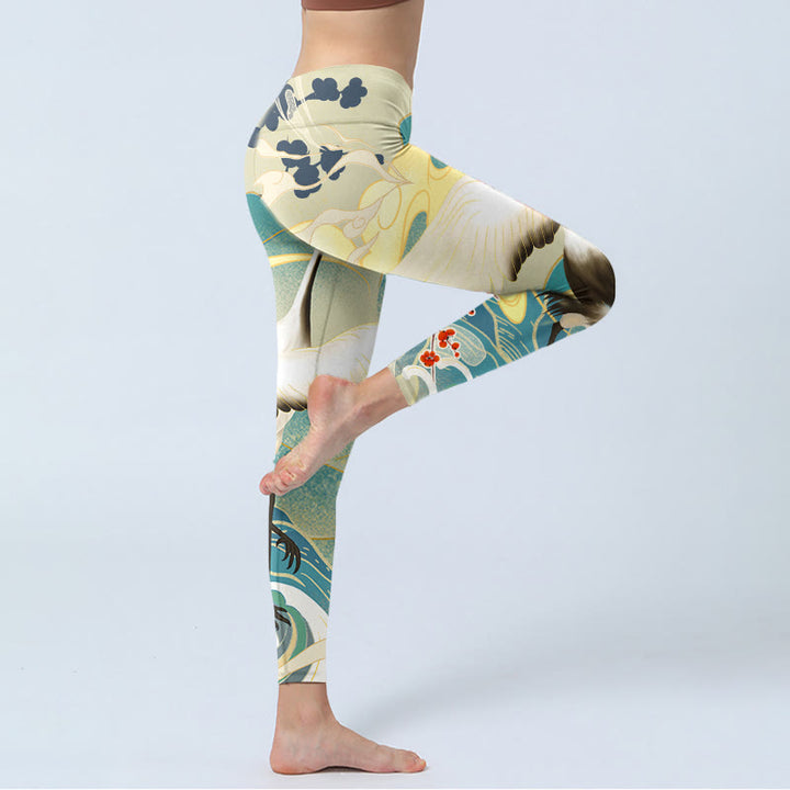 Leggings de yoga para mujer con estampado de Buddha Stones, grullas, flores de ciruelo y montañas - image 4