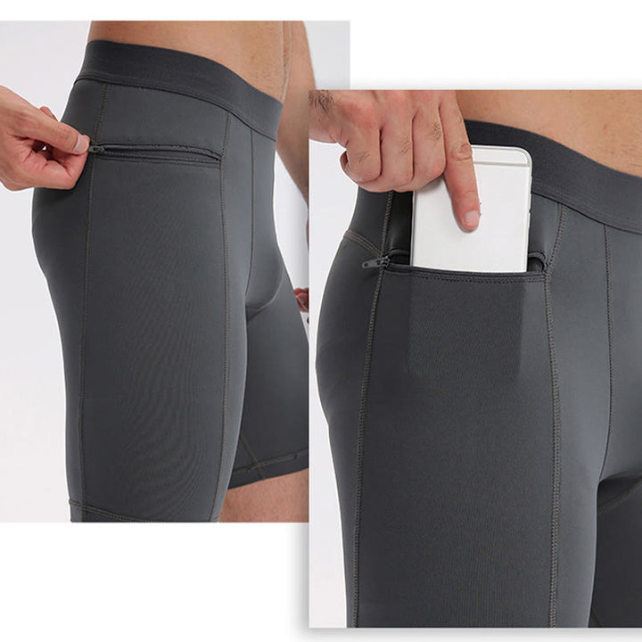 Pantalones cortos deportivos de secado rápido, ajustados y elásticos de Buddha Stones para hombre con bolsillos con cremallera