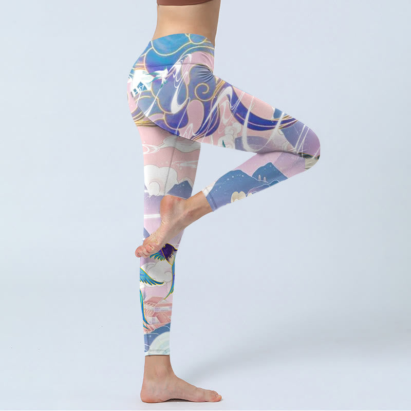 Leggings de yoga para mujer con estampado de Buddha Stones, golondrinas, urracas, flores, montañas y nubes propicias - image 4