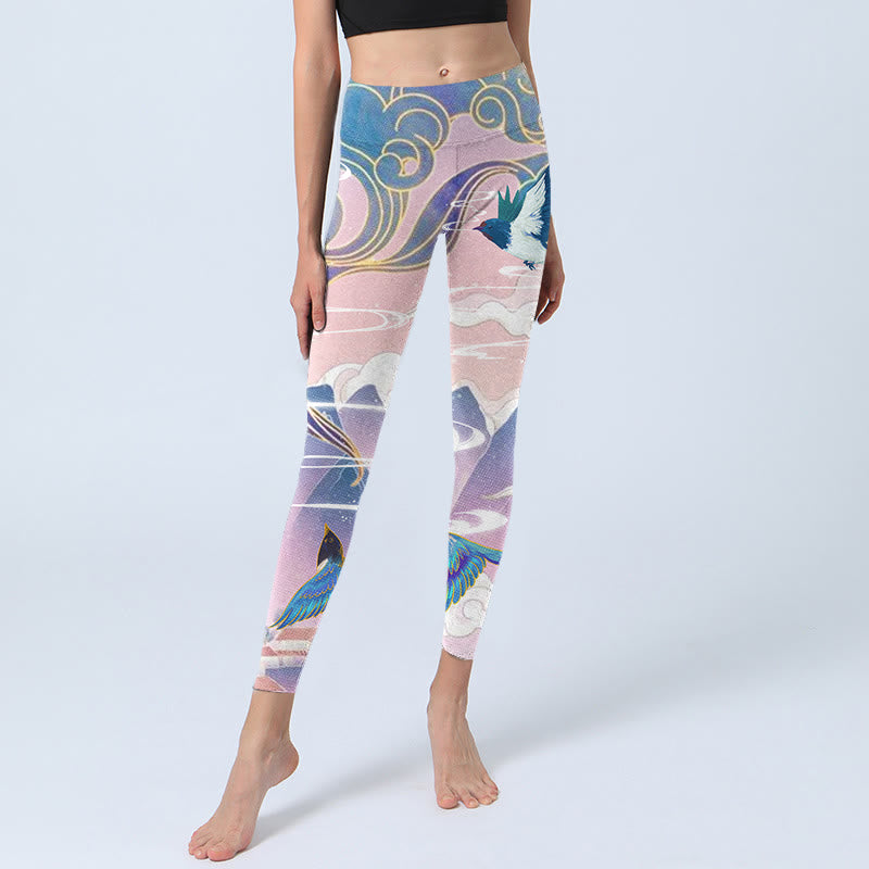 Leggings de yoga para mujer con estampado de Buddha Stones, golondrinas, urracas, flores, montañas y nubes propicias - image 5