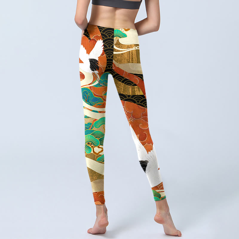 Leggings de yoga para mujer con estampado de Buddha Stones , grulla de corona roja, nubes auspiciosas y pino - image 6