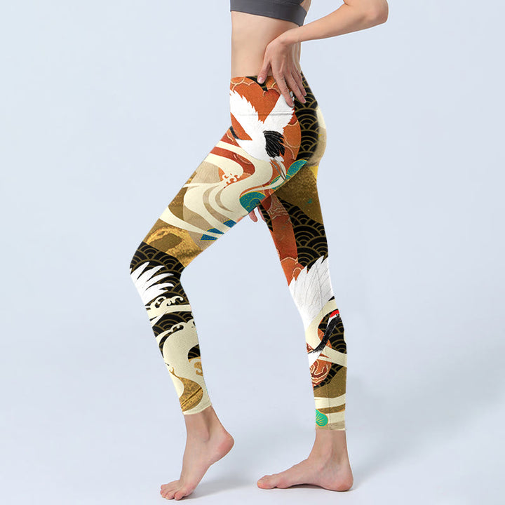 Leggings de yoga para mujer con estampado de Buddha Stones , grulla de corona roja, nubes auspiciosas y pino - image 2