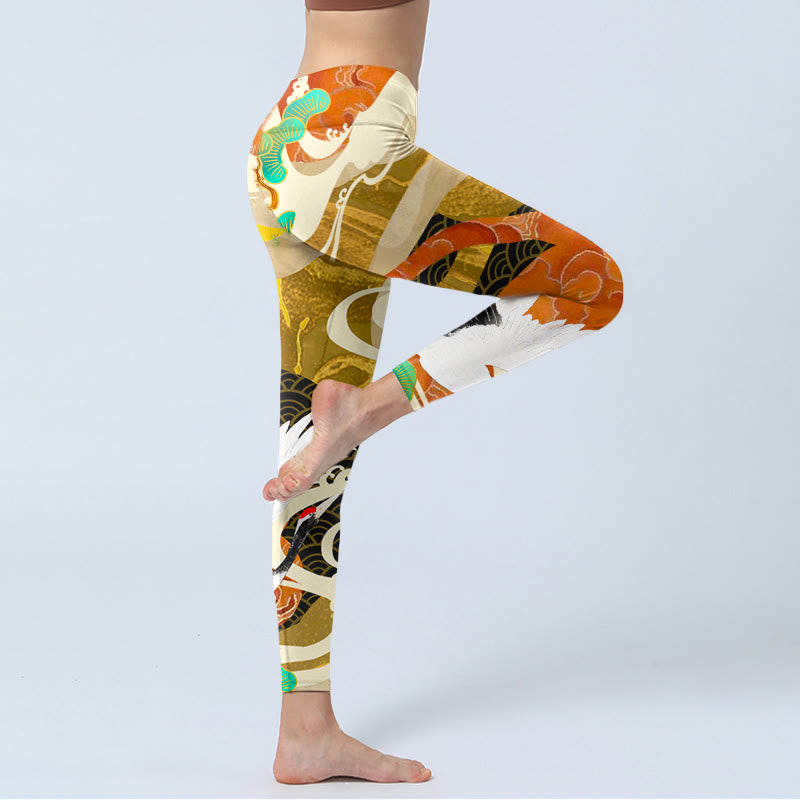 Leggings de yoga para mujer con estampado de Buddha Stones , grulla de corona roja, nubes auspiciosas y pino - image 4