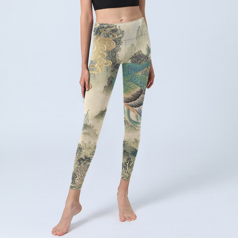 Leggings de yoga para mujer con estampado de flores de montaña, nubes auspiciosas, pavo real y Buddha Stones - image 5