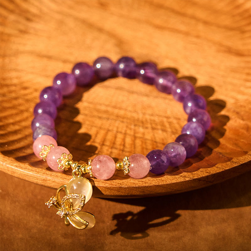 Pulsera con dijes de mariposa curativos de cristal de cuarzo fresa y amatista natural de Buddha Stones