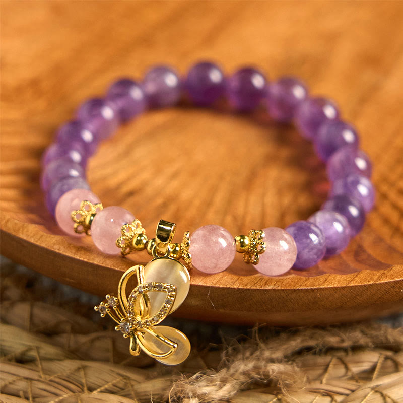 Pulsera con dijes de mariposa curativos de cristal de cuarzo fresa y amatista natural de Buddha Stones