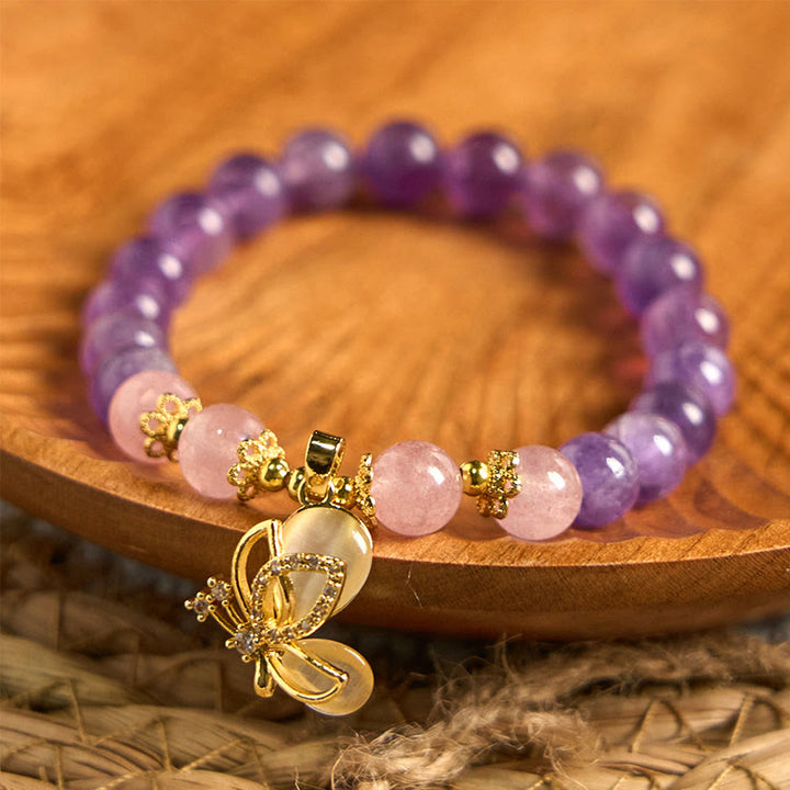 Pulsera con dijes de mariposa curativos de cristal de cuarzo fresa y amatista natural de Buddha Stones