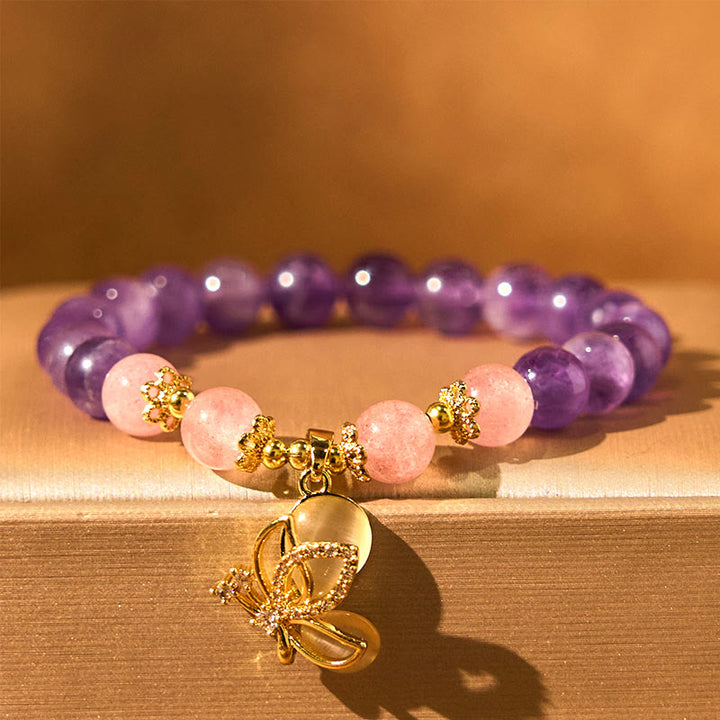 Pulsera con dijes de mariposa curativos de cristal de cuarzo fresa y amatista natural de Buddha Stones