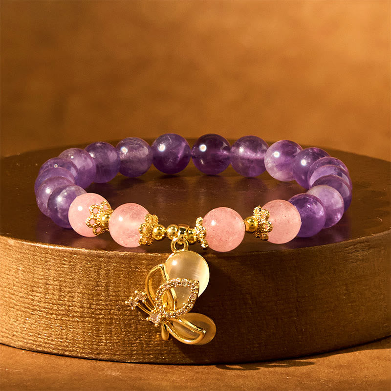 Pulsera con dijes de mariposa curativos de cristal de cuarzo fresa y amatista natural de Buddha Stones