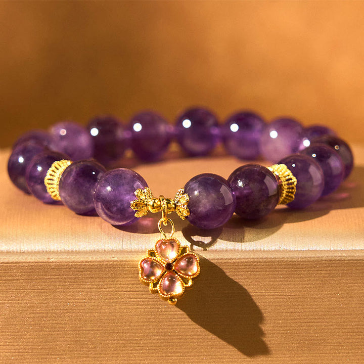 Pulsera de comunicación con dije de trébol de cuatro hojas y amatista natural de Buddha Stones
