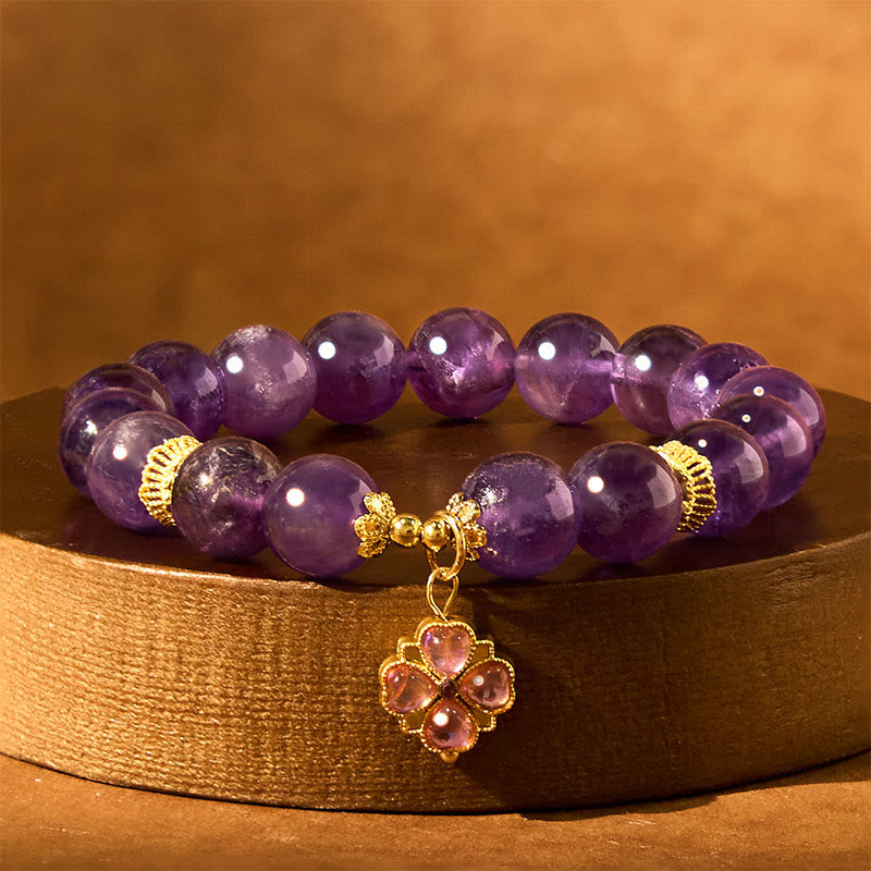 Pulsera de comunicación con dije de trébol de cuatro hojas y amatista natural de Buddha Stones