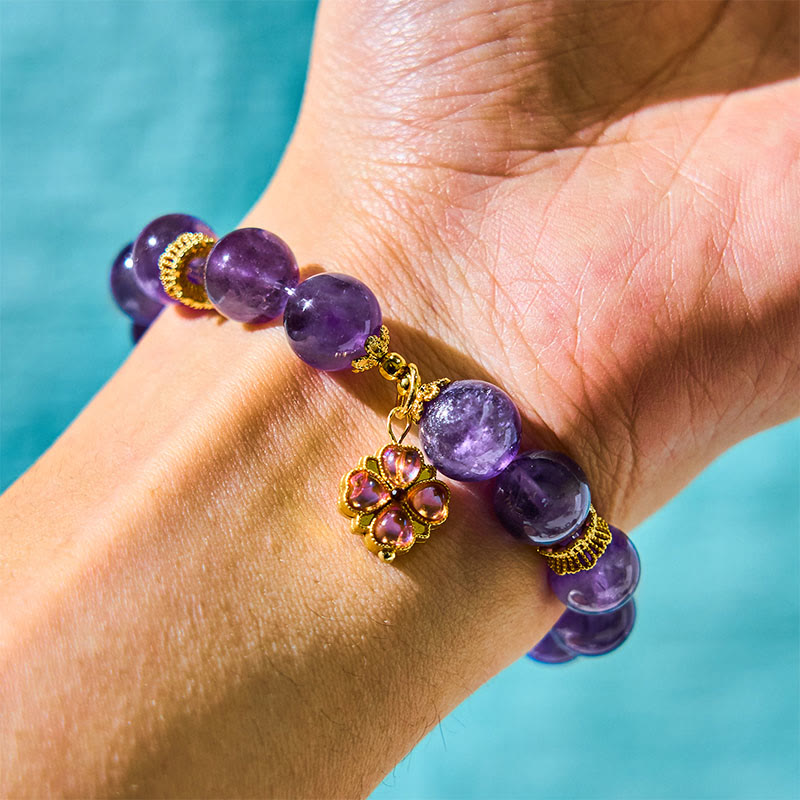 Pulsera de comunicación con dije de trébol de cuatro hojas y amatista natural de Buddha Stones