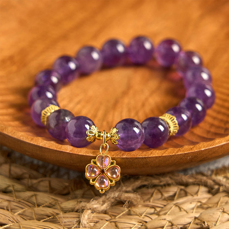 Pulsera de comunicación con dije de trébol de cuatro hojas y amatista natural de Buddha Stones