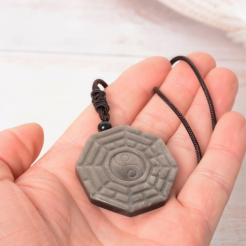 Collar con colgante de protección con símbolo Bagua Yin Yang, obsidiana y Buddha Stones con brillo plateado - image 8