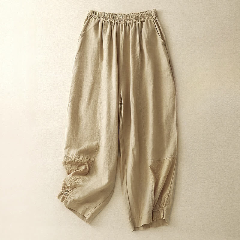 Pantalones harén de algodón para mujer, de largo 7-8, con bolsillos y bordado informal de tela de retazos y Buddha Stones - Vara de oro - US8-10，UK/AU12-14，EU40-42 (2XL) - image 0