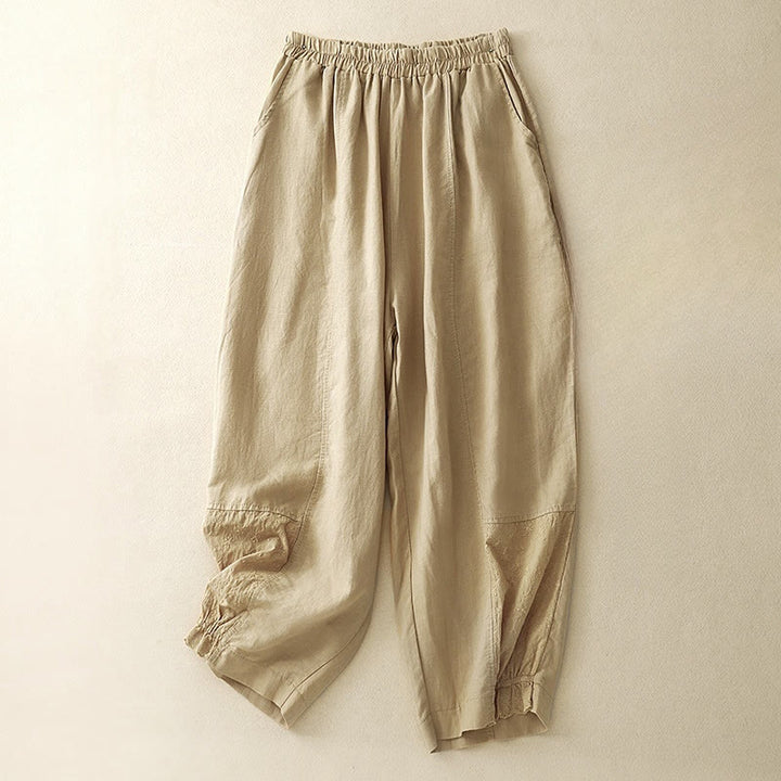 Pantalones harén de algodón para mujer, de largo 7-8, con bolsillos y bordado informal de tela de retazos y Buddha Stones - Vara de oro - US8-10，UK/AU12-14，EU40-42 (2XL) - image 0