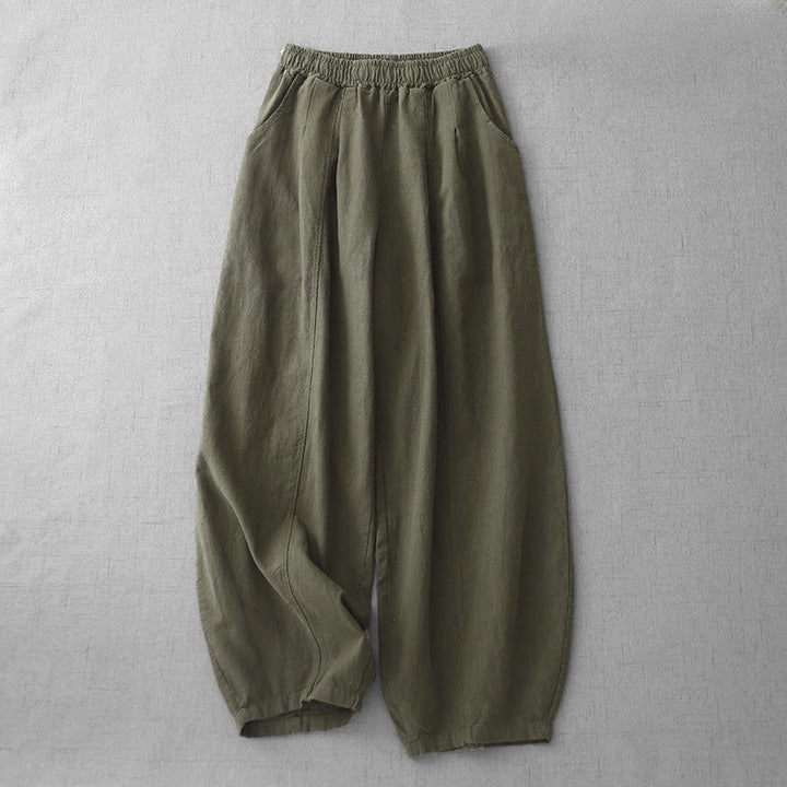 Pantalones harén de lino y algodón para mujer, de largo 7-8, informales, con bolsillos y estampado Buddha Stones