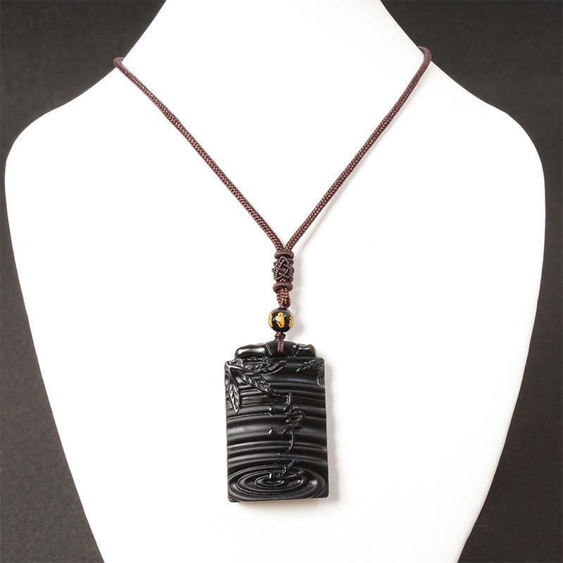 Colgante de collar con Buddha Stones y obsidiana negra natural de bambú