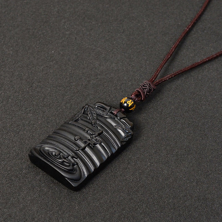 Colgante de collar con Buddha Stones y obsidiana negra natural de bambú