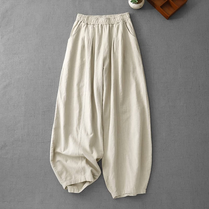 Pantalones harén de lino y algodón para mujer, de largo 7-8, informales, con bolsillos y estampado Buddha Stones