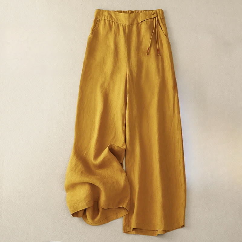 Pantalones anchos de lino y algodón para mujer, de talle alto, informales, con bolsillos y estampado de Buddha Stones - vara de oro - US12, UK/AU16, EU44 (3XL) - image 0
