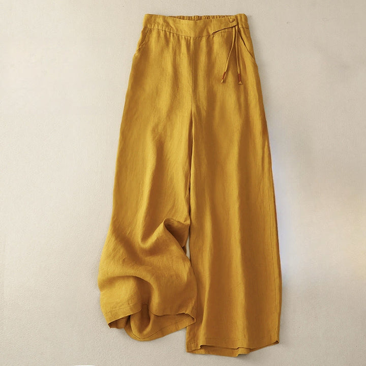 Pantalones anchos de lino y algodón para mujer, de talle alto, informales, con bolsillos y estampado de Buddha Stones - vara de oro - US12, UK/AU16, EU44 (3XL) - image 0