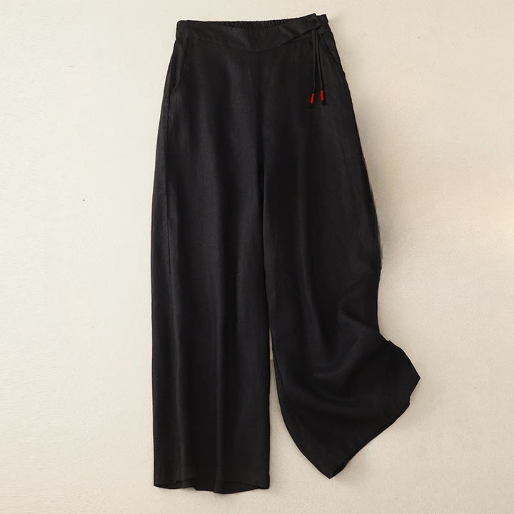 Pantalones anchos de lino y algodón para mujer, de talle alto, informales, con bolsillos y estampado de Buddha Stones - Negro - US12, UK/AU16, EU44 (3XL) - image 6