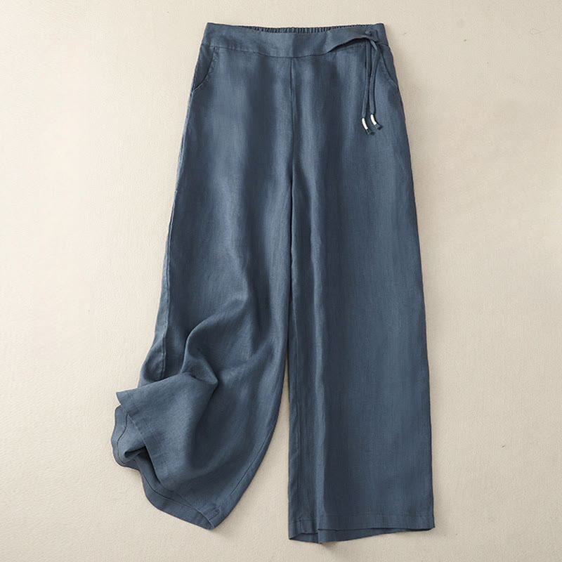 Pantalones anchos de lino y algodón para mujer, de talle alto, informales, con bolsillos y estampado de Buddha Stones - Azul acero - US12, UK/AU16, EU44 (3XL) - image 20