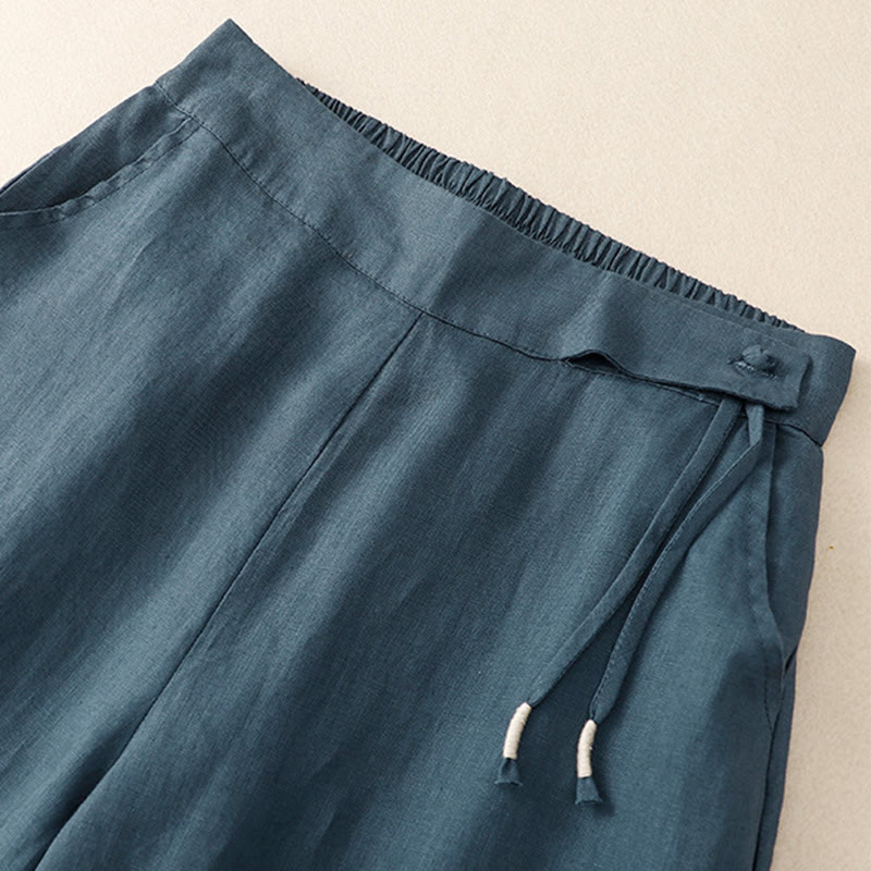Pantalones anchos de lino y algodón para mujer, de talle alto, informales, con bolsillos y estampado de Buddha Stones - image 25