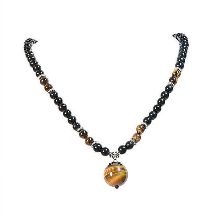 Collar con colgante de ojo de tigre y obsidiana negra con Buddha Stones para fortalecer