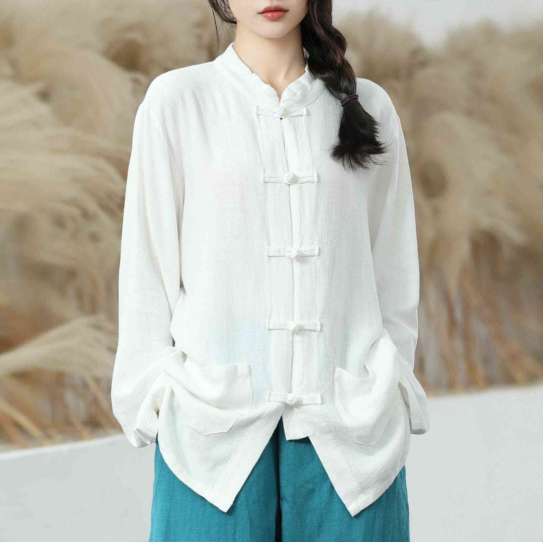 Camisas de mujer de lino y algodón de manga larga con botones de rana en color liso y bolsillos con Buddha Stones - Blanco - US6，UK/AU10，EU38 (XL) - image 1