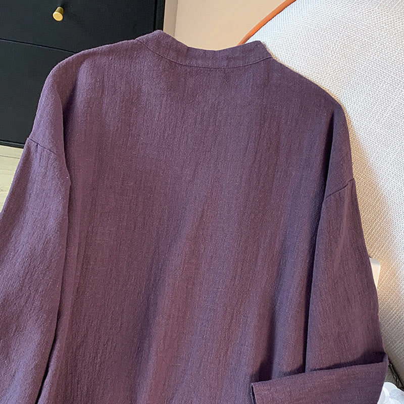 Camisa informal de lino y algodón de manga larga con cuello alto y botones de rana para mujer de Buddha Stones - image 7