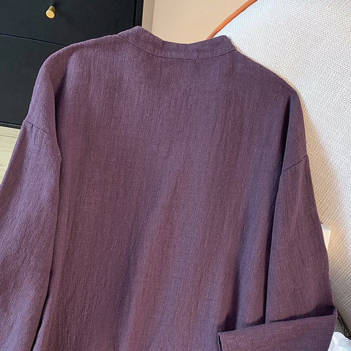 Camisa informal de lino y algodón de manga larga con cuello alto y botones de rana para mujer de Buddha Stones - image 7