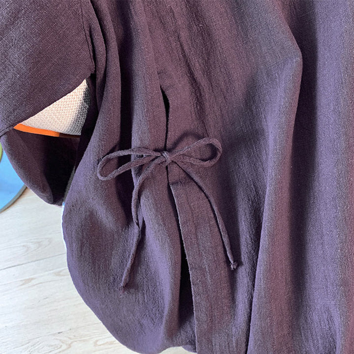 Camisa informal de lino y algodón de manga larga con cuello alto y botones de rana para mujer de Buddha Stones - image 6