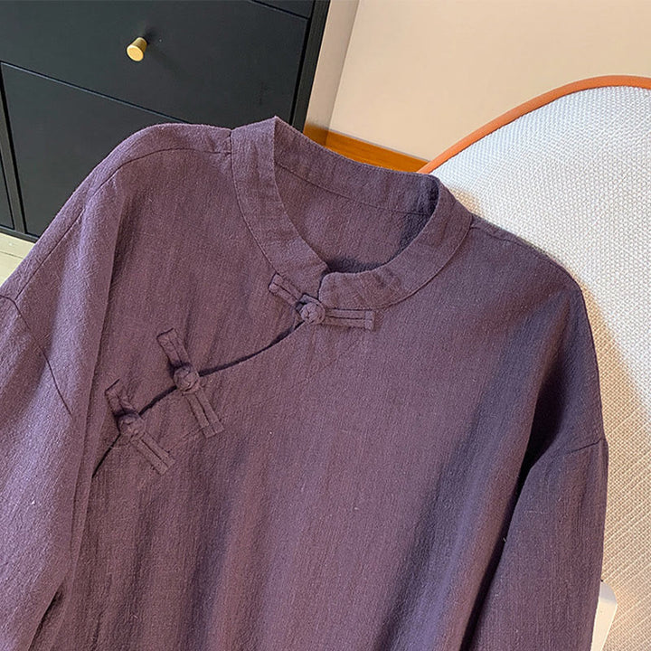 Camisa informal de lino y algodón de manga larga con cuello alto y botones de rana para mujer de Buddha Stones - image 3