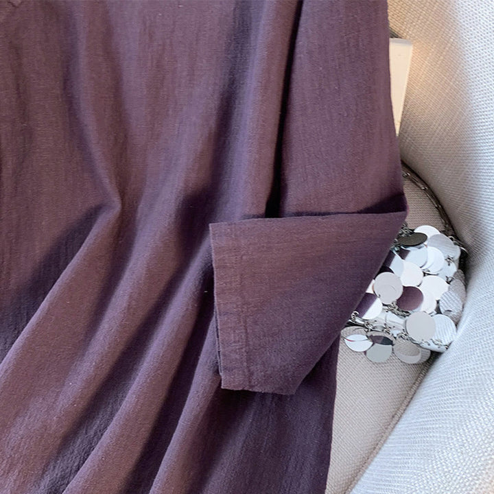 Camisa informal de lino y algodón de manga larga con cuello alto y botones de rana para mujer de Buddha Stones - image 4