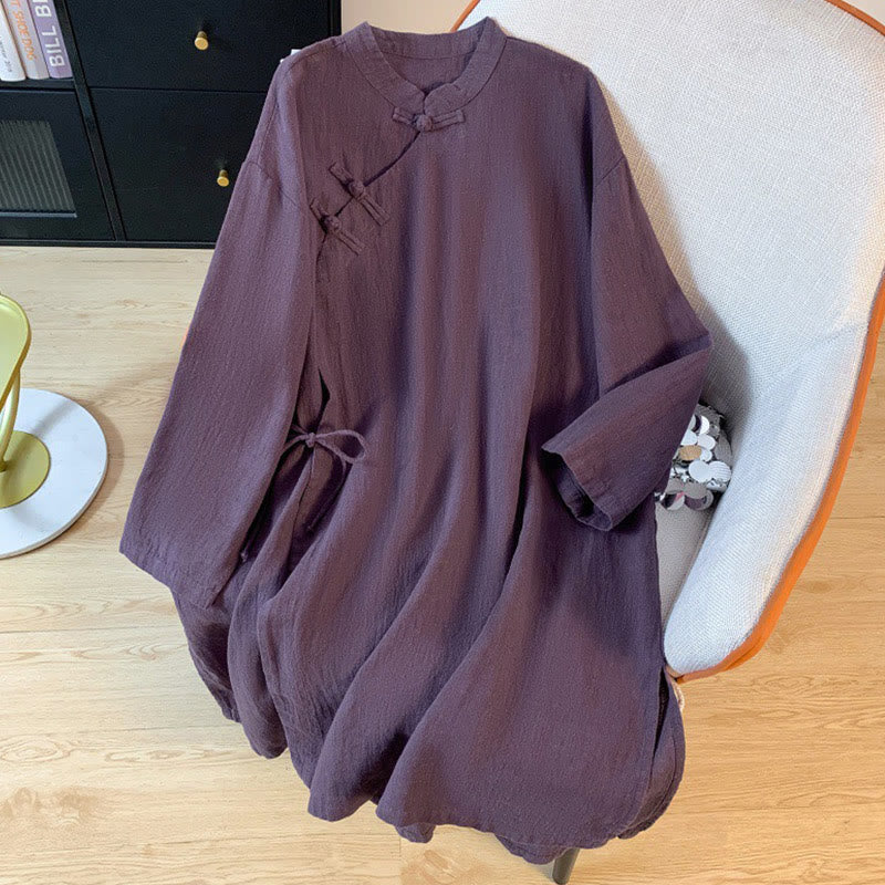 Camisa informal de lino y algodón de manga larga con cuello alto y botones de rana para mujer de Buddha Stones - Púrpura - US8-10，UK/AU12-14，EU40-42 (2XL) - image 1