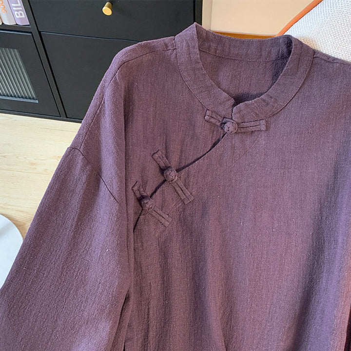 Camisa informal de lino y algodón de manga larga con cuello alto y botones de rana para mujer de Buddha Stones - image 5